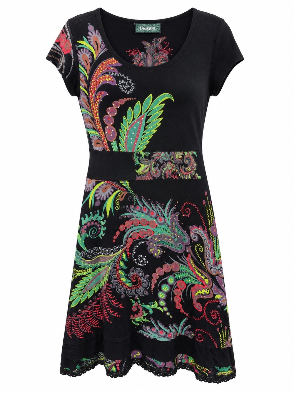 Desigual Black Floral Paisley Short Sleeve Dress ( fits Large)